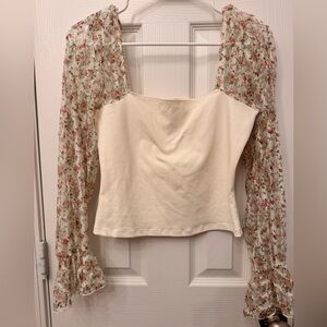 Free People Intimately Cream Blouse  Floral Lace Sleeves Size S